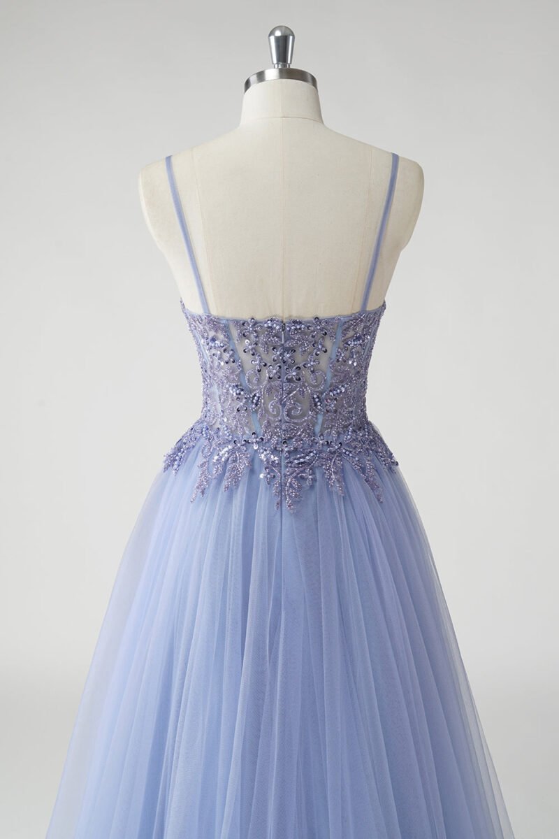 A-Line Sparkly Blue Tulle Prom Dress with Slit