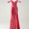 Elegant Fuchsia Off-the-Shoulder Sequin Mermaid Prom Dress