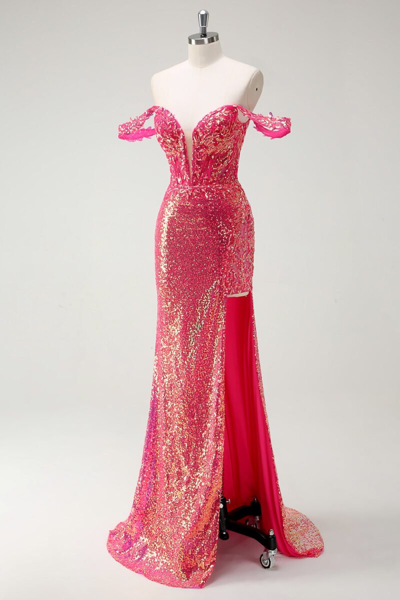 Elegant Fuchsia Off-the-Shoulder Sequin Mermaid Prom Dress