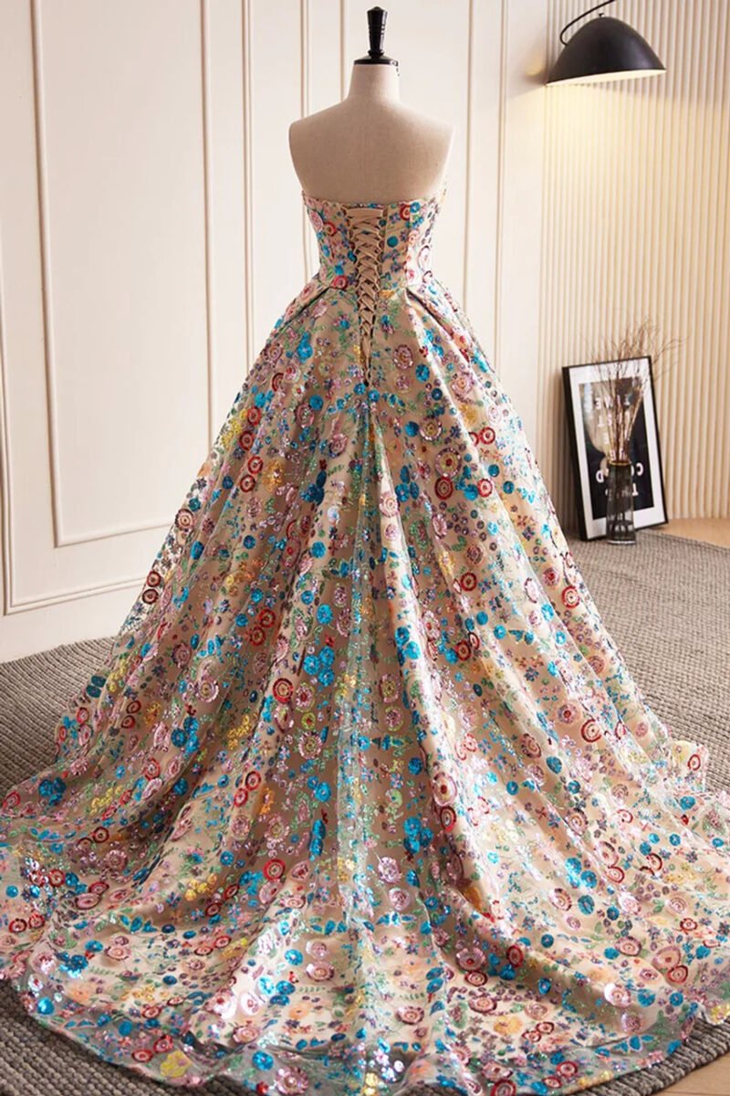 Multicolor Sequin Applique Strapless Floor-Length A-Line Evening Dress