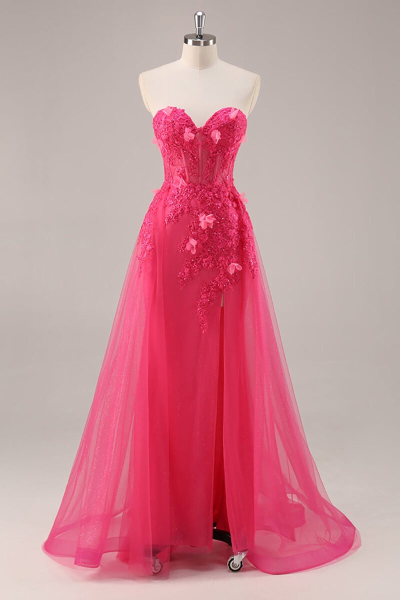 Fuchsia Strapless Prom Dress with Appliques – Elegant Long Evening Gown