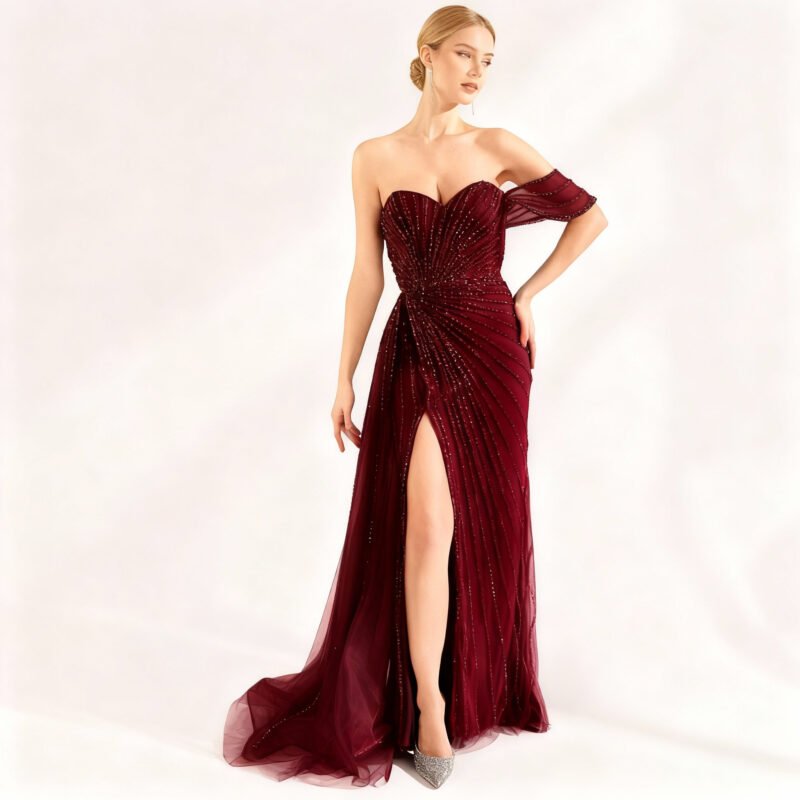 Burgundy One-Shoulder Sequin Long Prom Dress