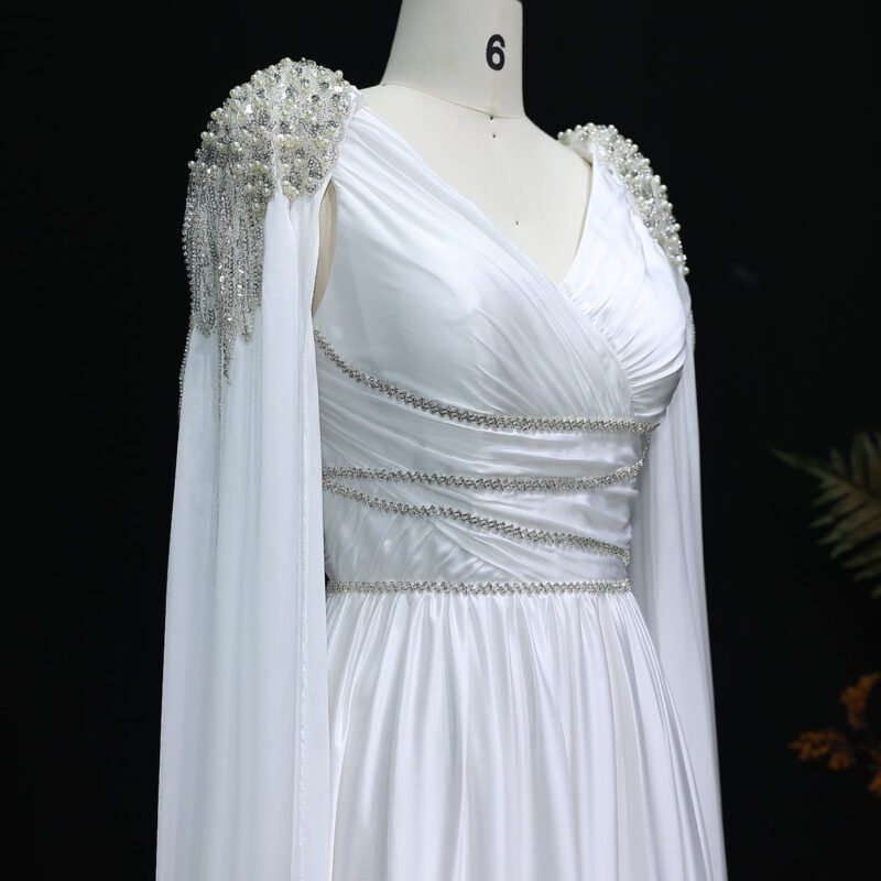 Luxury Crystal Blue Evening Dress With Cape Sleeves