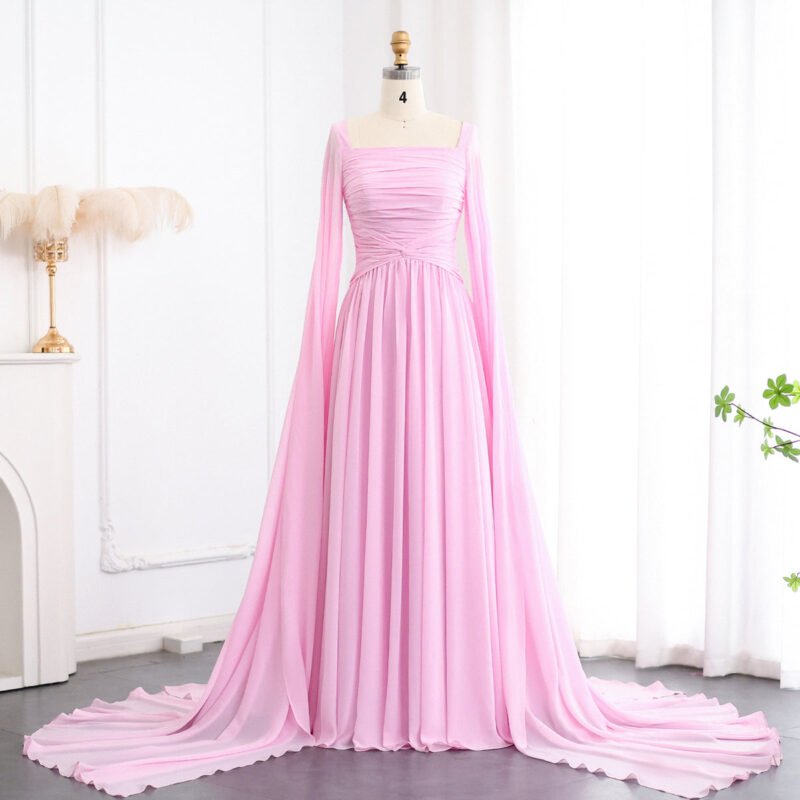 Luxury Chiffon Yellow A-Line Evening Dress with Cape Sleeves