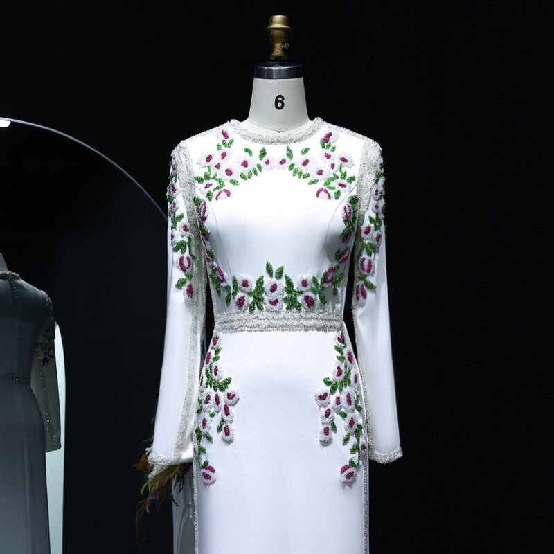 Elegant White Embroidered Floral Dubai Evening Dress