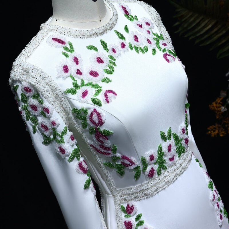Elegant White Embroidered Floral Dubai Evening Dress