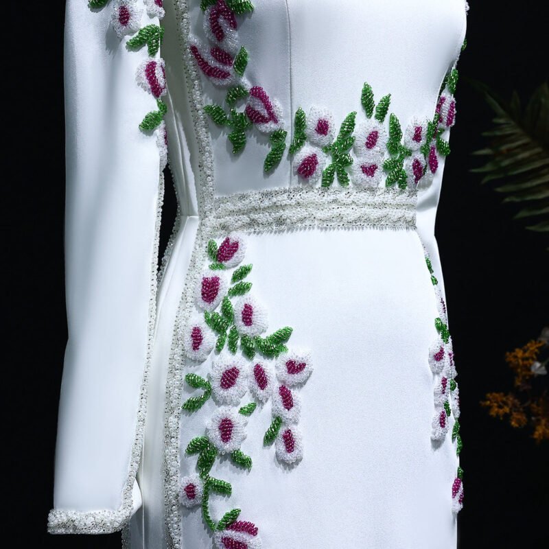 Elegant White Embroidered Floral Dubai Evening Dress
