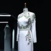 Elegant White Embroidered Floral Dubai Evening Dress