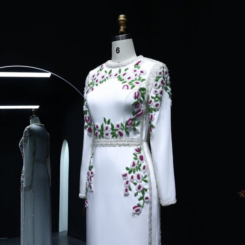 Elegant White Embroidered Floral Dubai Evening Dress