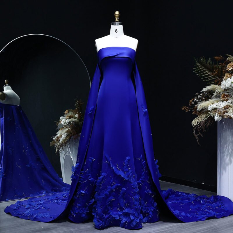 Luxury Pink 3D Flower Evening Dress with Cape Sleeves