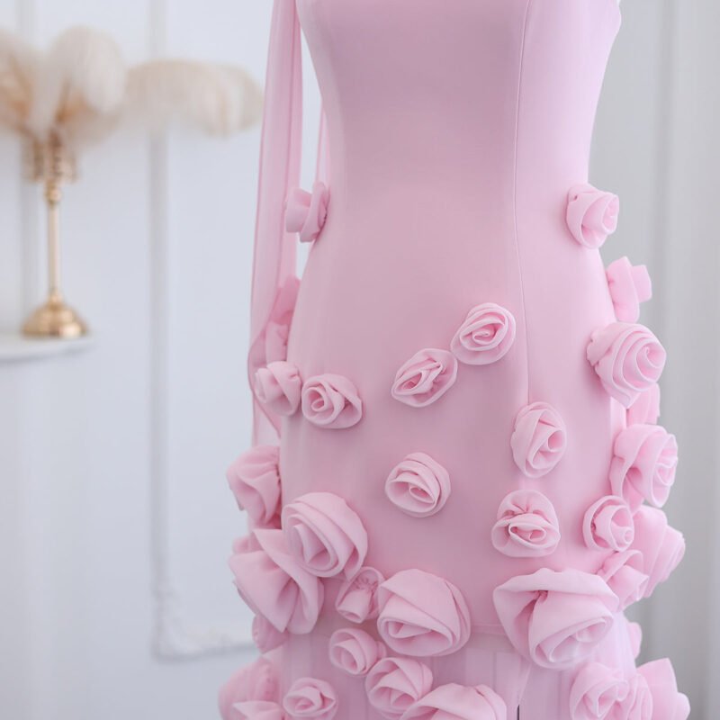 3D Flowers Mermaid Pink Evening Dress – Elegant Sweetheart with Side Slit