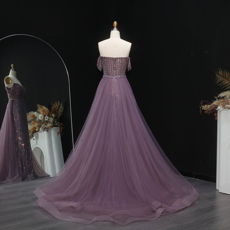 Luxury Beaded Purple Off-Shoulder Evening Dress with Overskirt