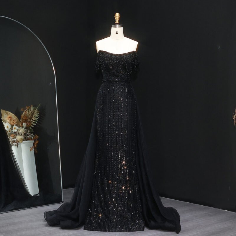 Luxury Beaded Purple Off-Shoulder Evening Dress with Overskirt