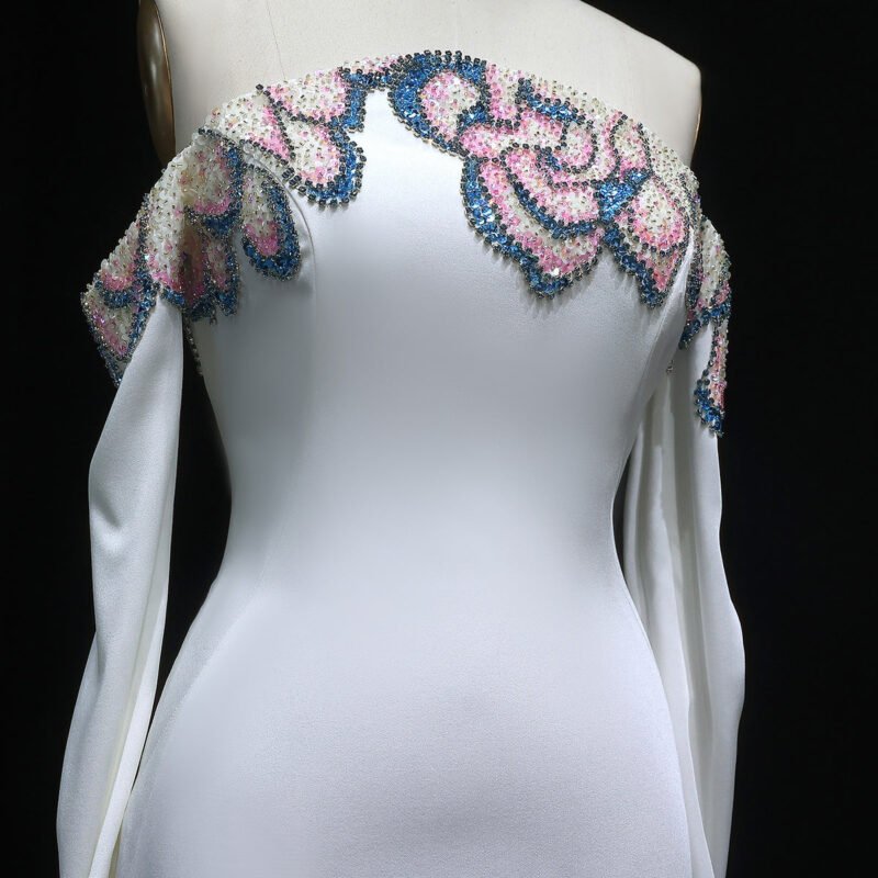 Elegant Long Off-the-Shoulder White Evening Dress with Floral Beading