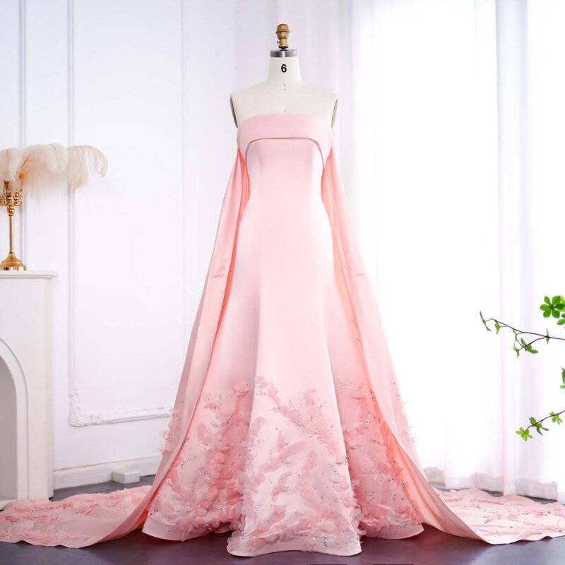 Luxury Pink 3D Flower Evening Dress with Cape Sleeves