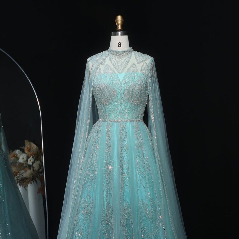 Luxury Aqua Blue Evening Dress with Cape Sleeves