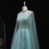 Luxury Aqua Blue Evening Dress with Cape Sleeves