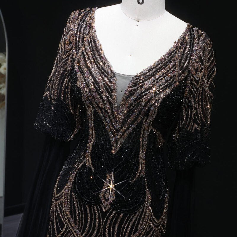 Stunning Black Embellished Lace Evening Dress with Flowing Sleeves