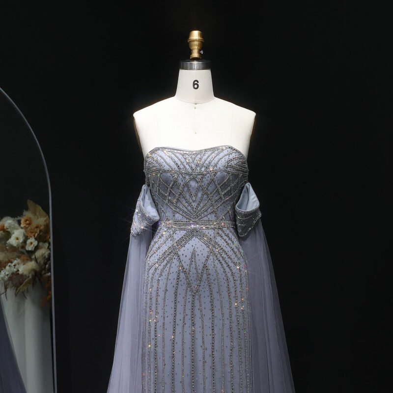 Sparkling Grey Rhinestones Mermaid Evening Dress with Cape Sleeves