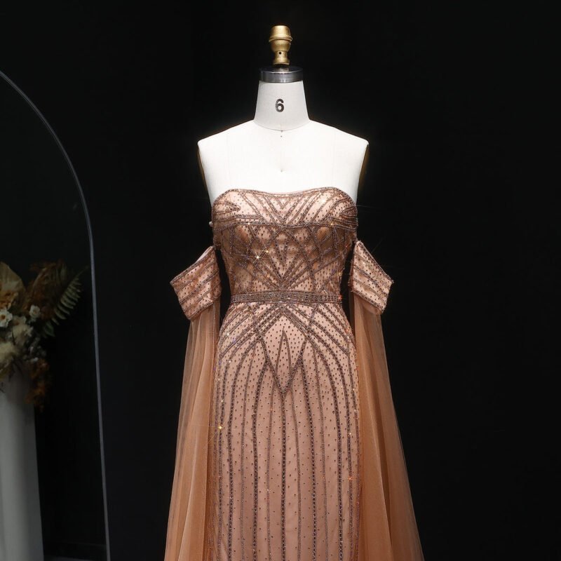 Sparkling Grey Rhinestones Mermaid Evening Dress with Cape Sleeves