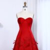 Luxury Red Evening Dress with Feathers & 3D Floral Sweetheart Design