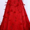 Luxury Red Evening Dress with Feathers & 3D Floral Sweetheart Design