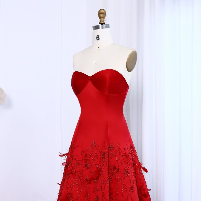 Luxury Red Evening Dress with Feathers & 3D Floral Sweetheart Design