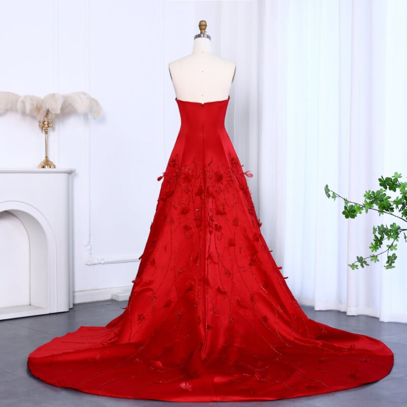 Luxury Red Evening Dress with Feathers & 3D Floral Sweetheart Design