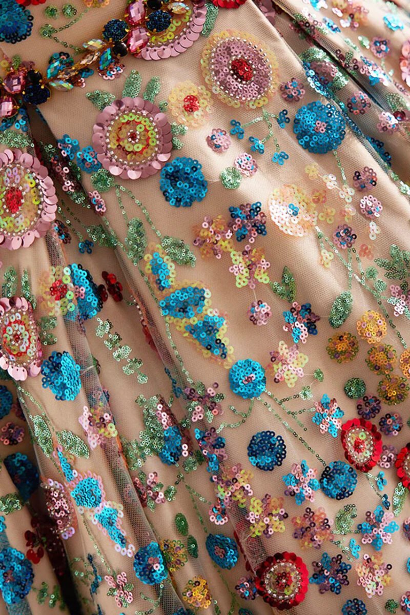 Multicolor Sequin Applique Strapless Floor-Length A-Line Evening Dress