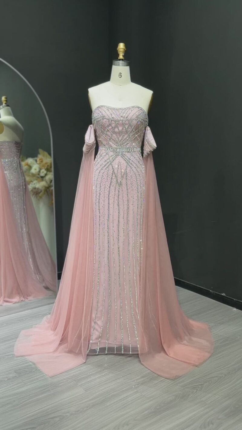 Sparkling Grey Rhinestones Mermaid Evening Dress with Cape Sleeves