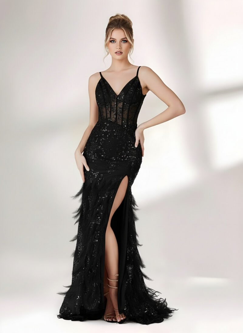 Black Sequin Mermaid Feather Prom Gown with Spaghetti Straps