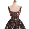 Black Floral A-Line Pleated Long Prom Dress with Square Neck and Appliques
