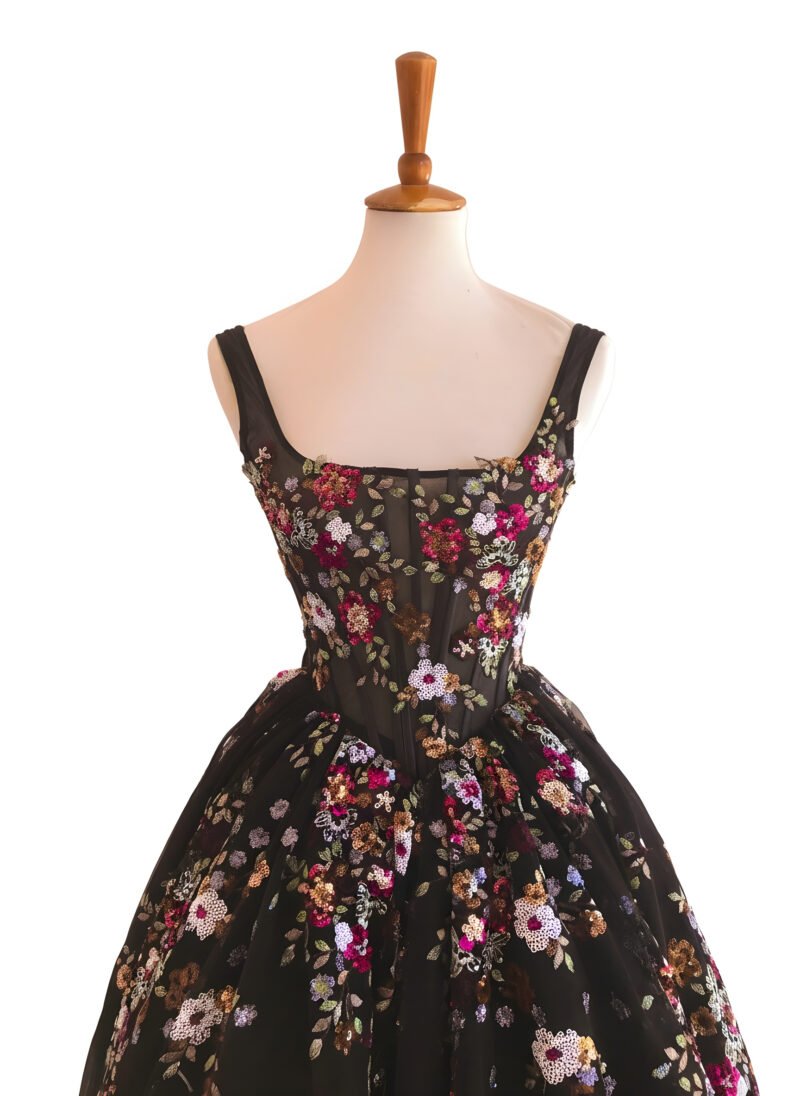 Black Floral A-Line Pleated Long Prom Dress with Square Neck and Appliques