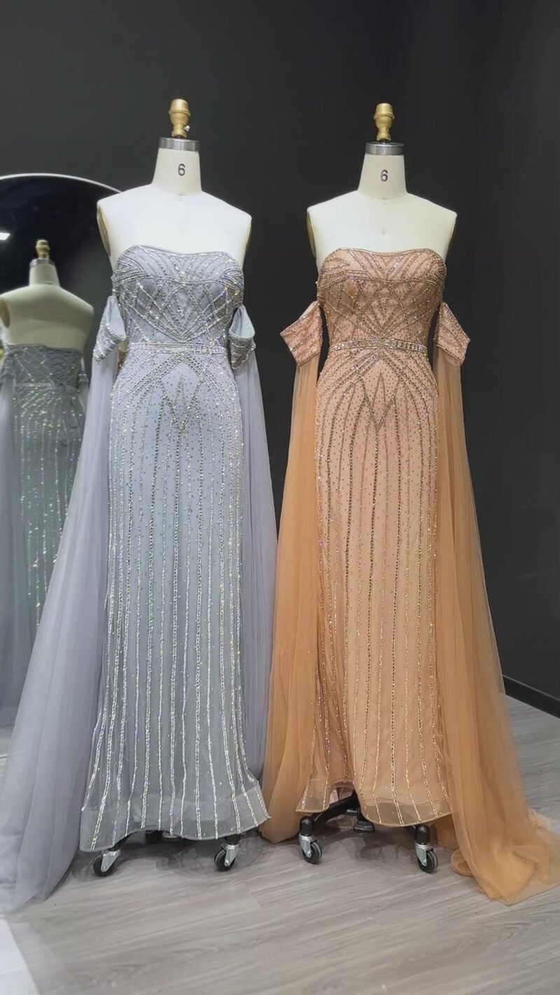 Sparkling Grey Rhinestones Mermaid Evening Dress with Cape Sleeves