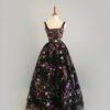 Black Floral A-Line Pleated Long Prom Dress with Square Neck and Appliques