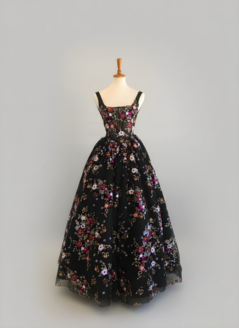Black Floral A-Line Pleated Long Prom Dress with Square Neck and Appliques