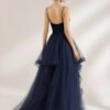 Navy Blue Beaded Ruffles Sequin Prom Dress