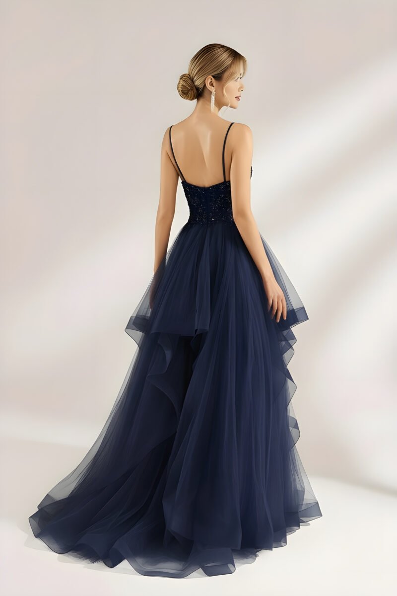 Navy Blue Beaded Ruffles Sequin Prom Dress