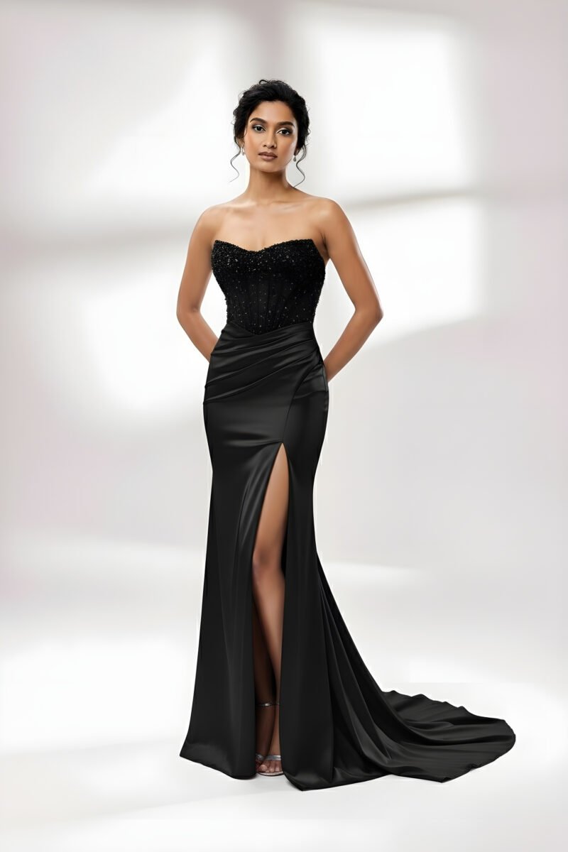 Sparkly Black Satin Strapless Sequin Prom Dress