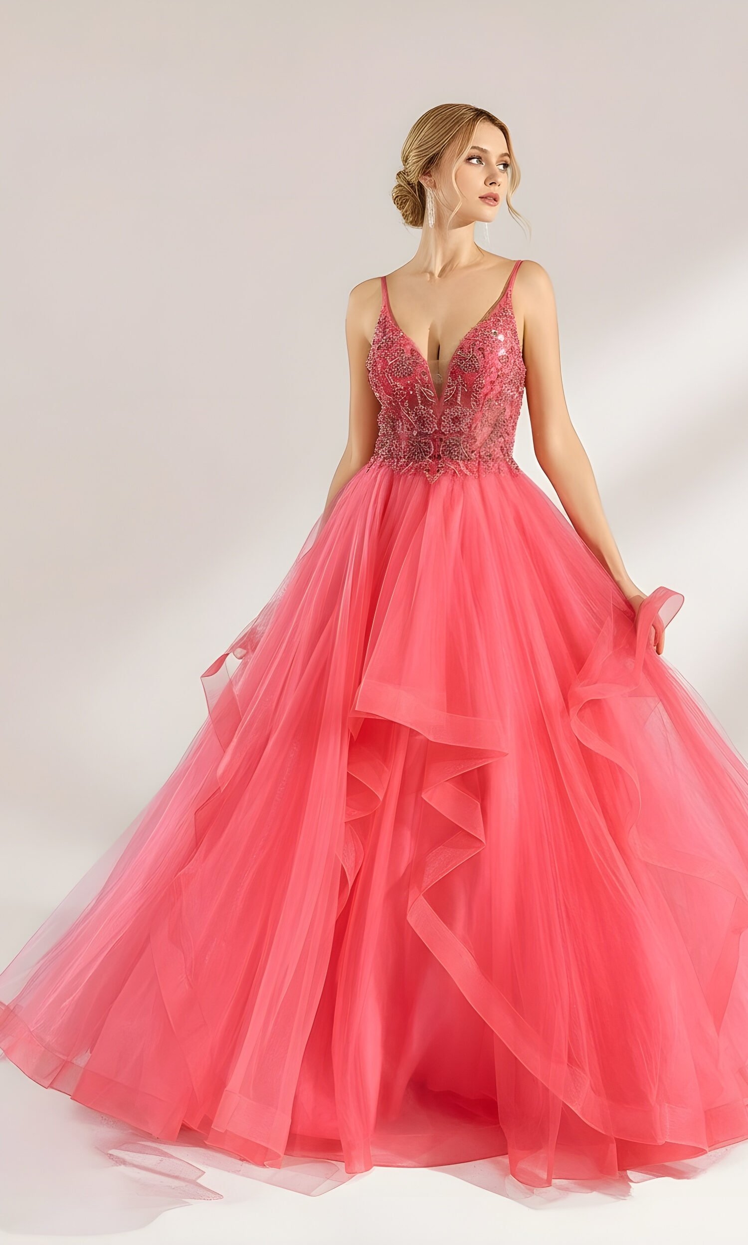 Romantic Pink Beaded Ruffles Sequin Prom Dress
