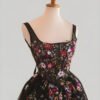 Black Floral A-Line Pleated Long Prom Dress with Square Neck and Appliques