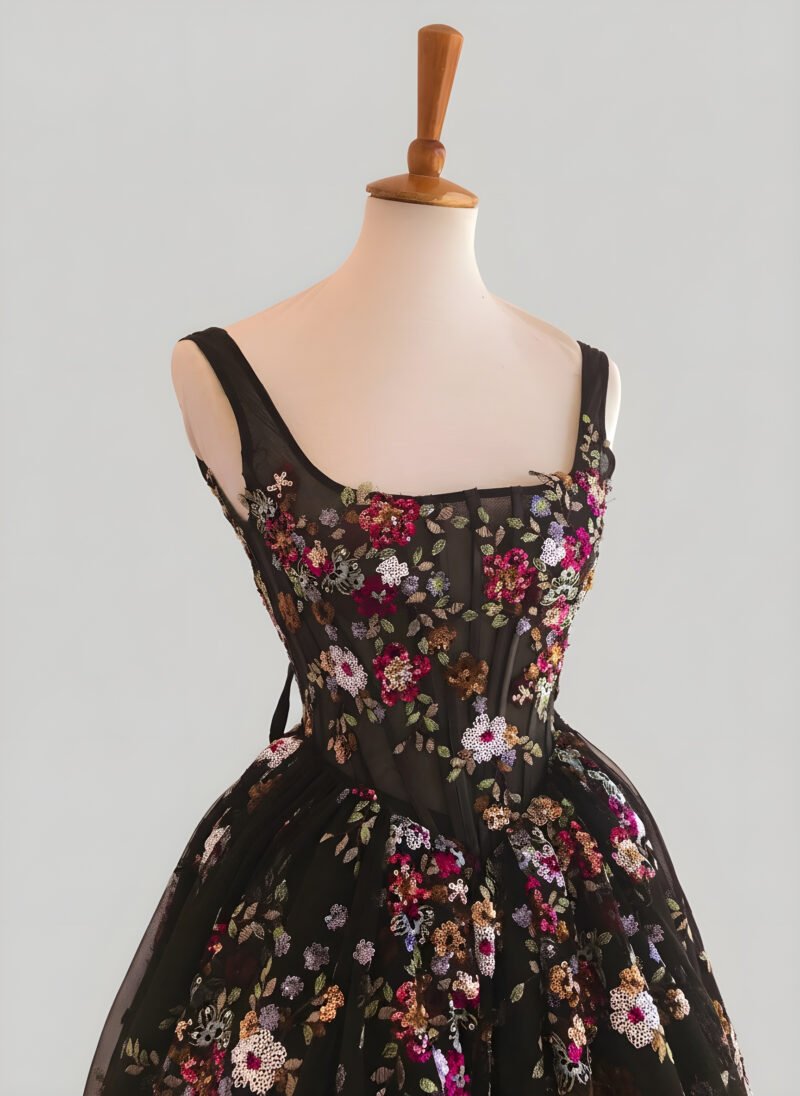 Black Floral A-Line Pleated Long Prom Dress with Square Neck and Appliques