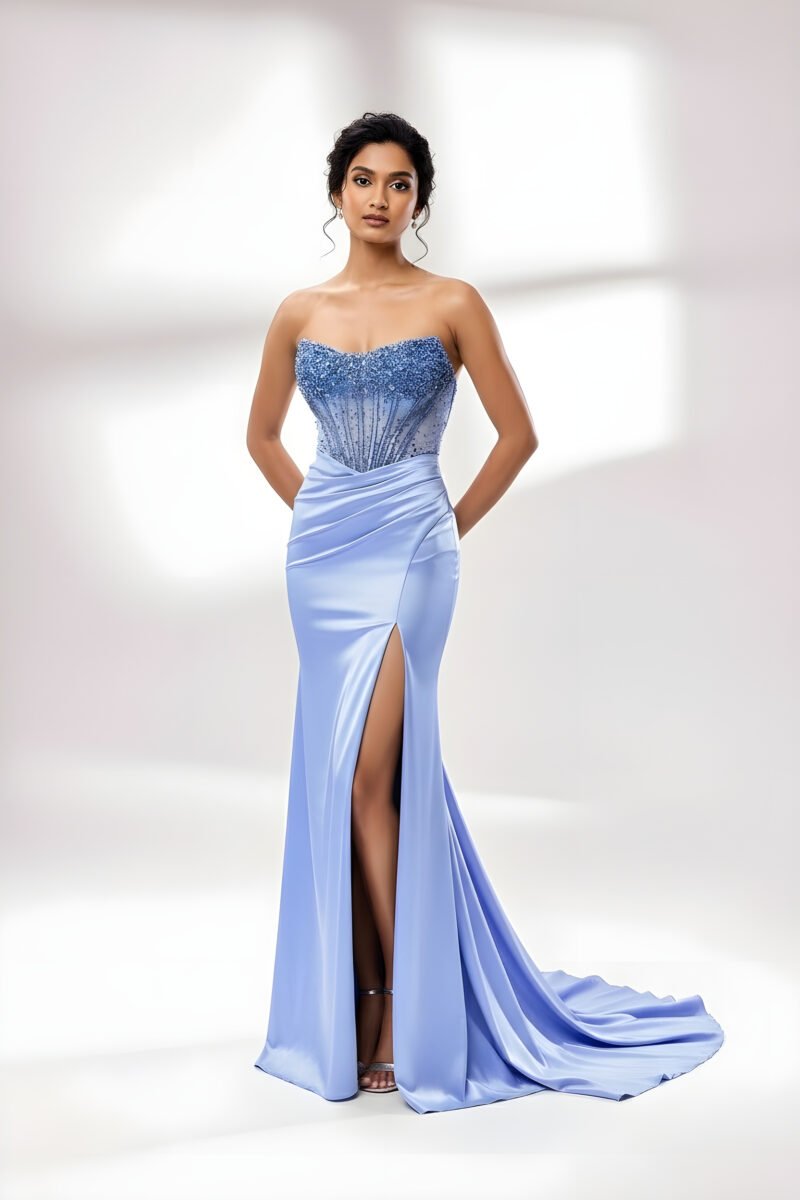 Sparkly Black Satin Strapless Sequin Prom Dress