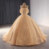 Gold Pearl Long Train Evening Ball Gown with Appliques