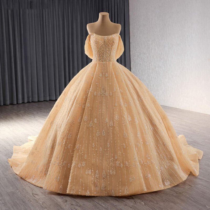 Gold Pearl Long Train Evening Ball Gown with Appliques