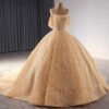 Gold Pearl Long Train Evening Ball Gown with Appliques