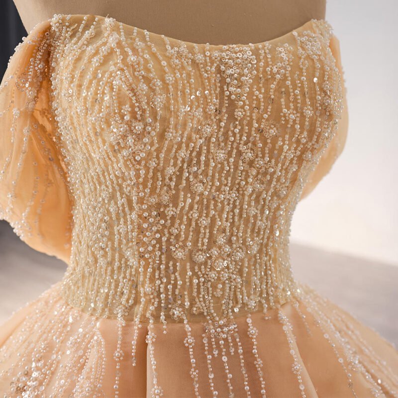 Gold Pearl Long Train Evening Ball Gown with Appliques