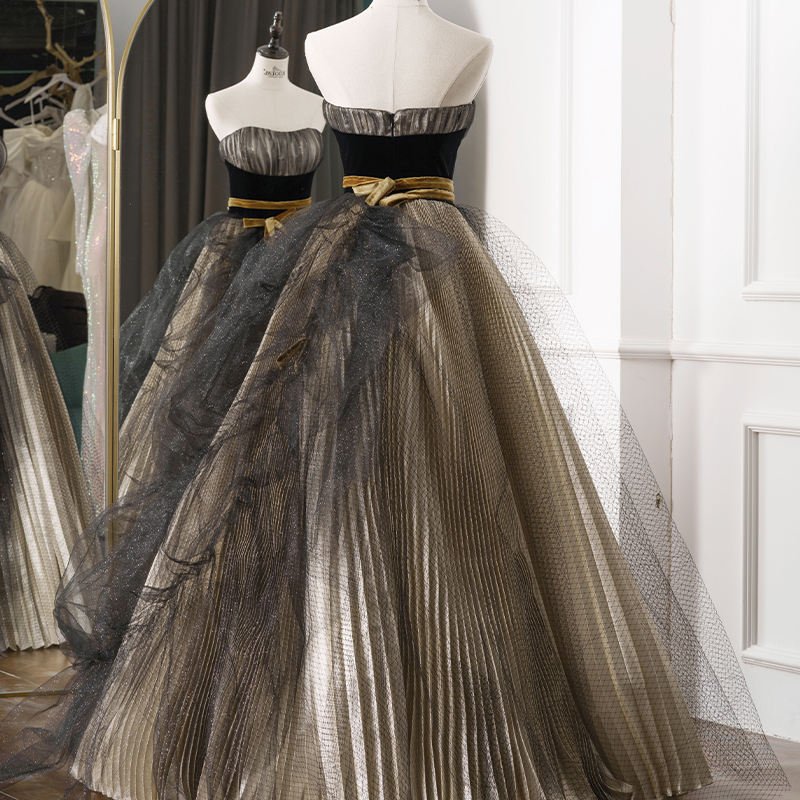 Luxury Black & Gold Strapless Ball Gown with Black Net
