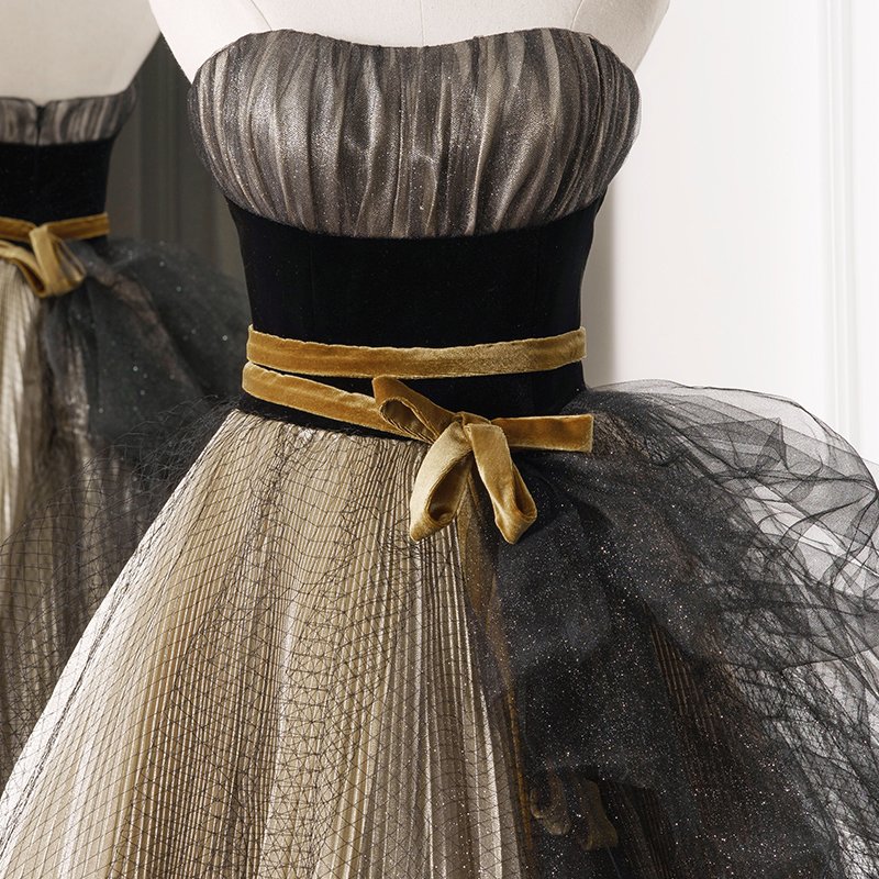 Luxury Black & Gold Strapless Ball Gown with Black Net