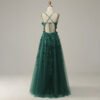 Dark Green A-Line Sequin Tulle Prom Dress – Sleeveless Cross-Back Gown